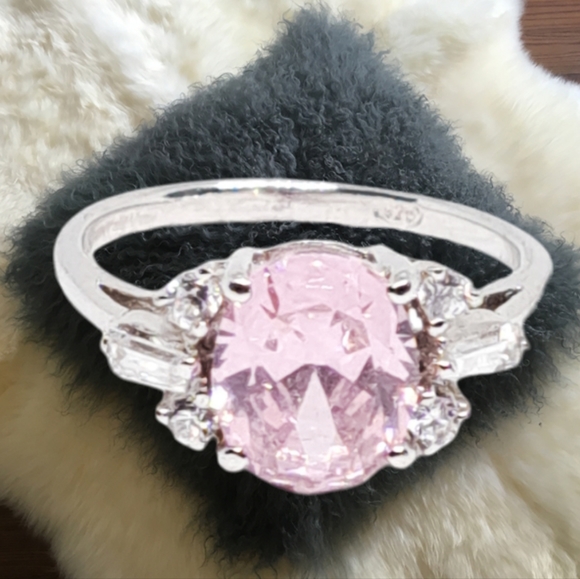 .Pink Sapphire Sterling Silver Ring with 3 CZ Stones on Each Side - Picture 6 of 6